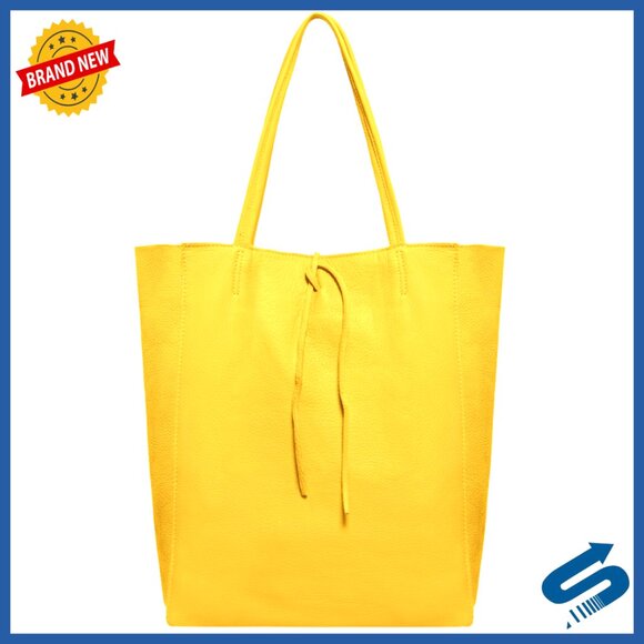 Italian Leather Tote Minimal Chic Elegant Work Travel Zipper Pocket Flat Base